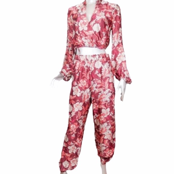 ZARA FLORAL VOLUMINOUS MAROON BLOUSE/ BOTTOM SZ L - Picture 7 of 11